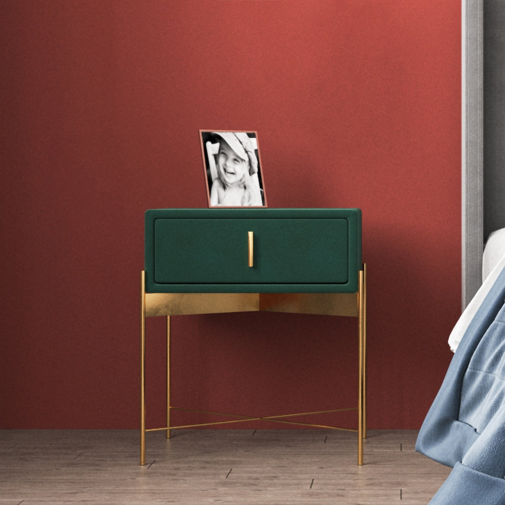 HMR - Velvet Upholstered Nightstand with Stainless Steel Base in Single Drawer