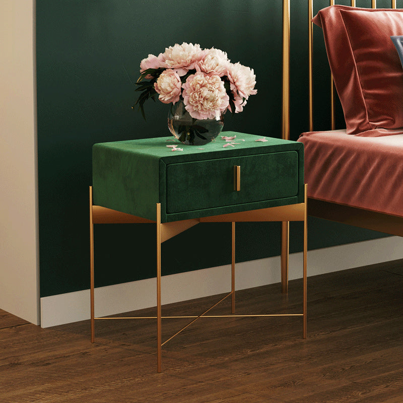 HMR - Velvet Upholstered Nightstand with Stainless Steel Base in Single Drawer