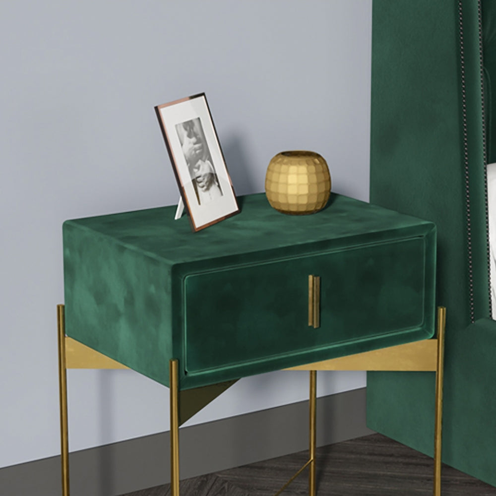 HMR - Velvet Upholstered Nightstand with Stainless Steel Base in Single Drawer