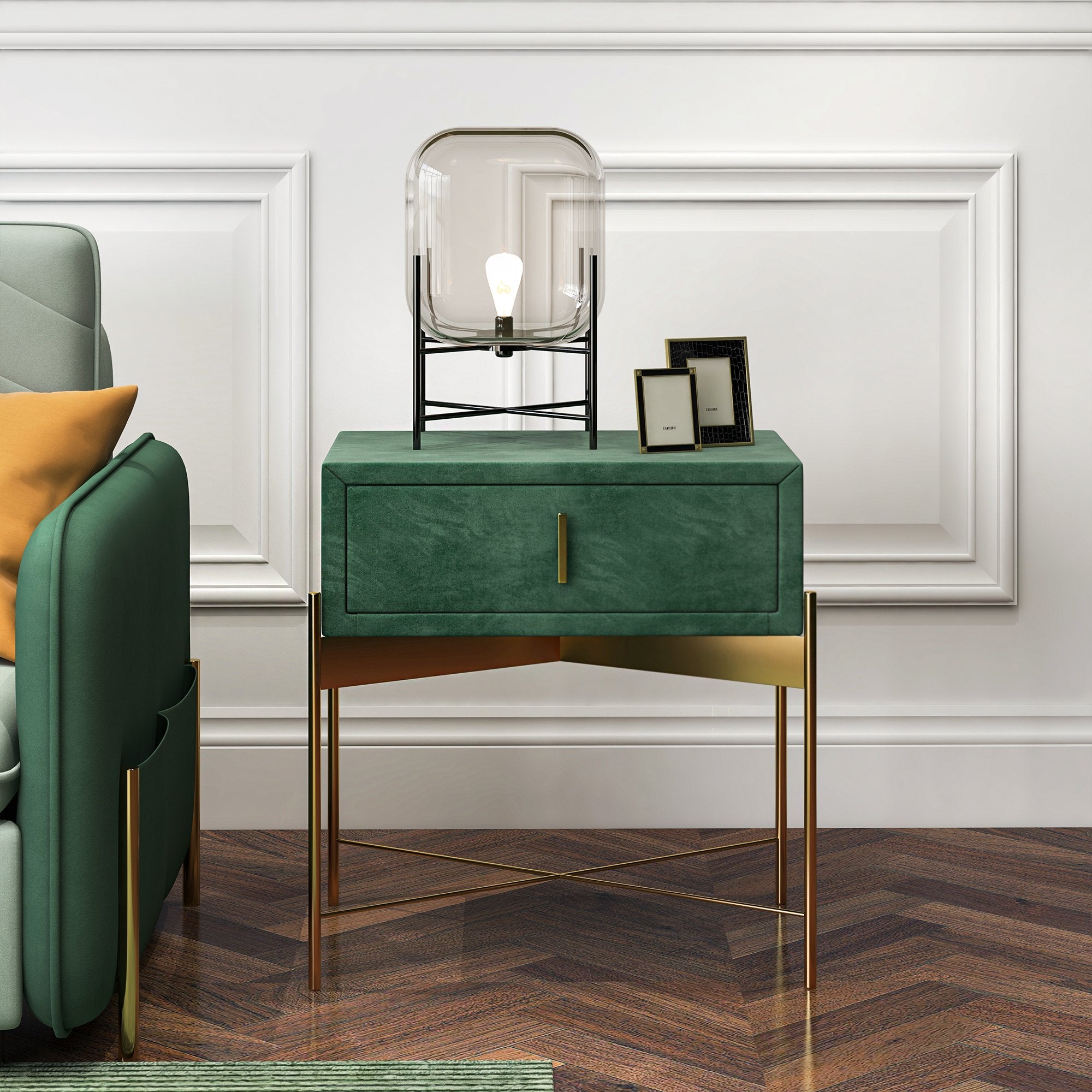 HMR - Velvet Upholstered Nightstand with Stainless Steel Base in Single Drawer