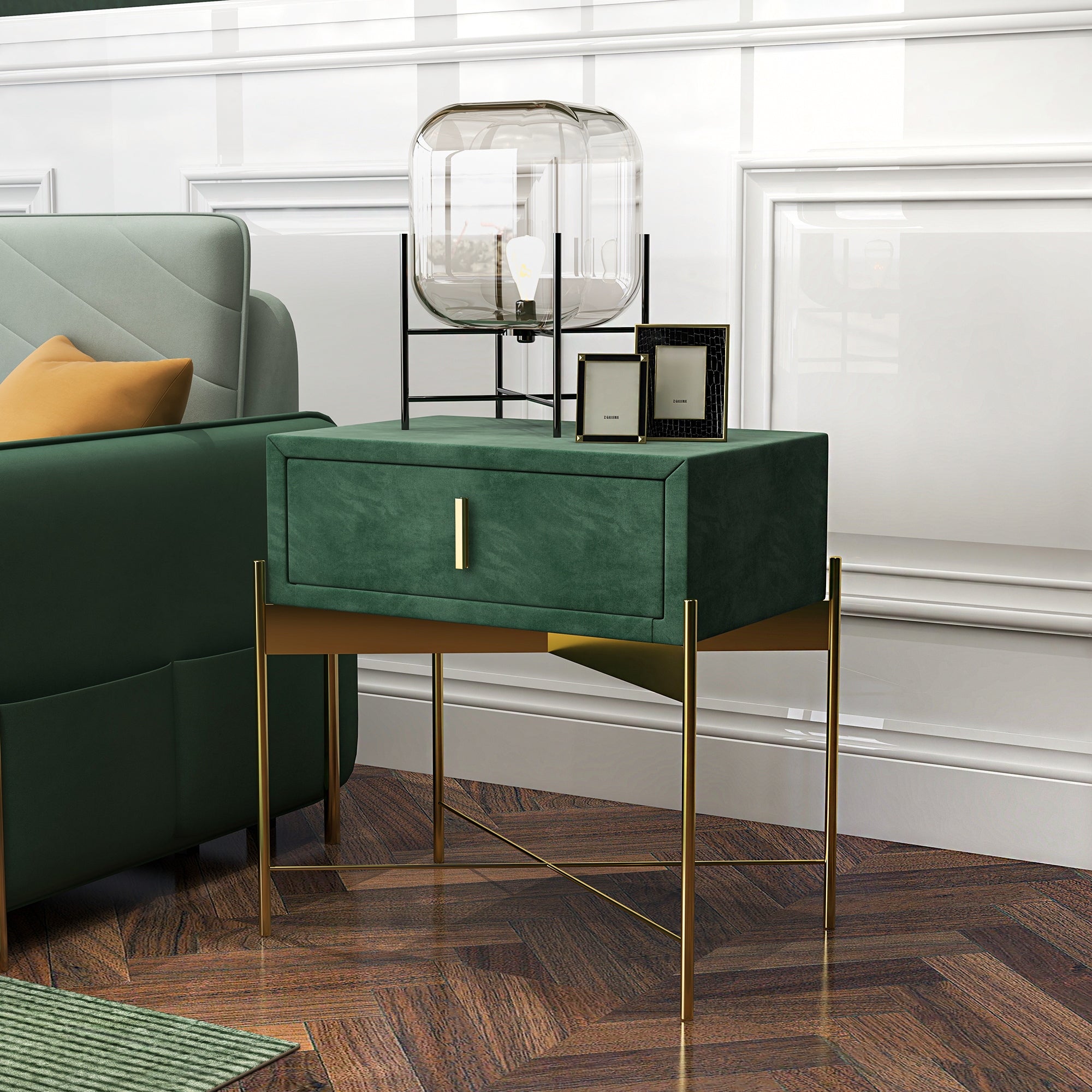 HMR - Velvet Upholstered Nightstand with Stainless Steel Base in Single Drawer