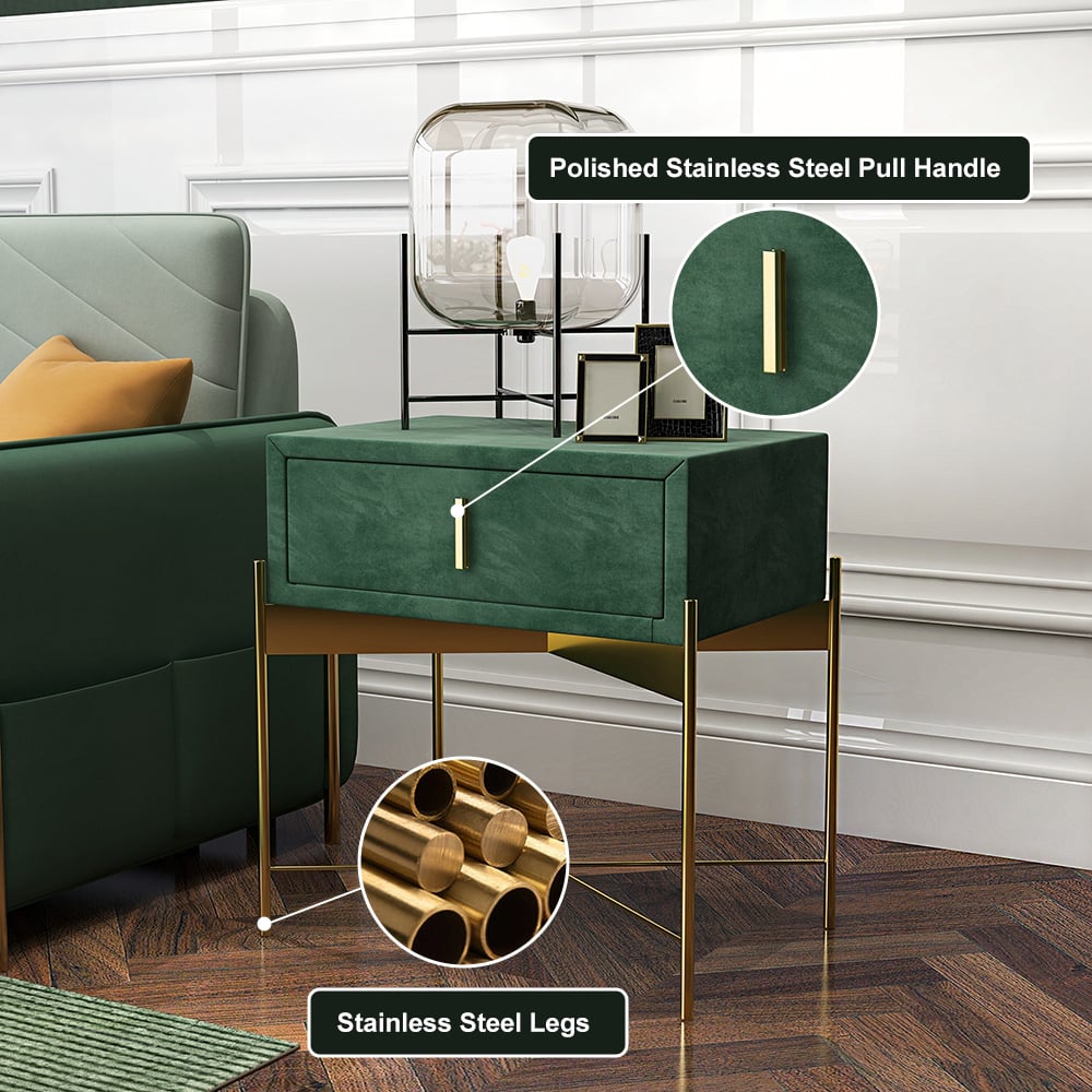 HMR - Velvet Upholstered Nightstand with Stainless Steel Base in Single Drawer