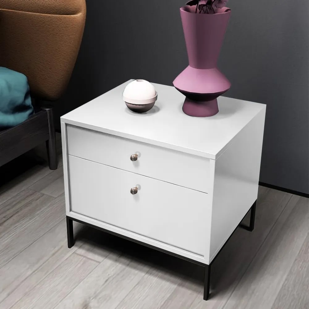 HMR - 2-Drawer Nightstand with Metal Base in White