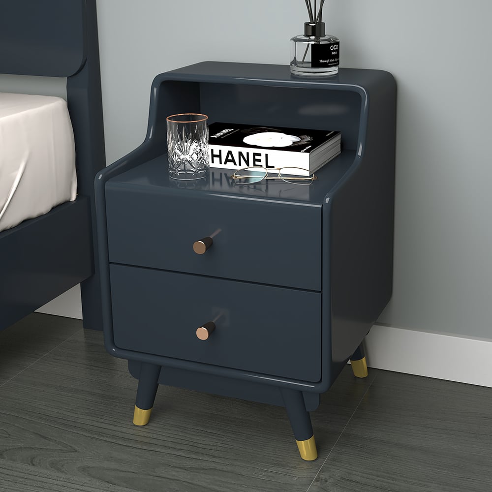 HMR - Lacquered 2-Drawer Nightstand with Shelf in Blue