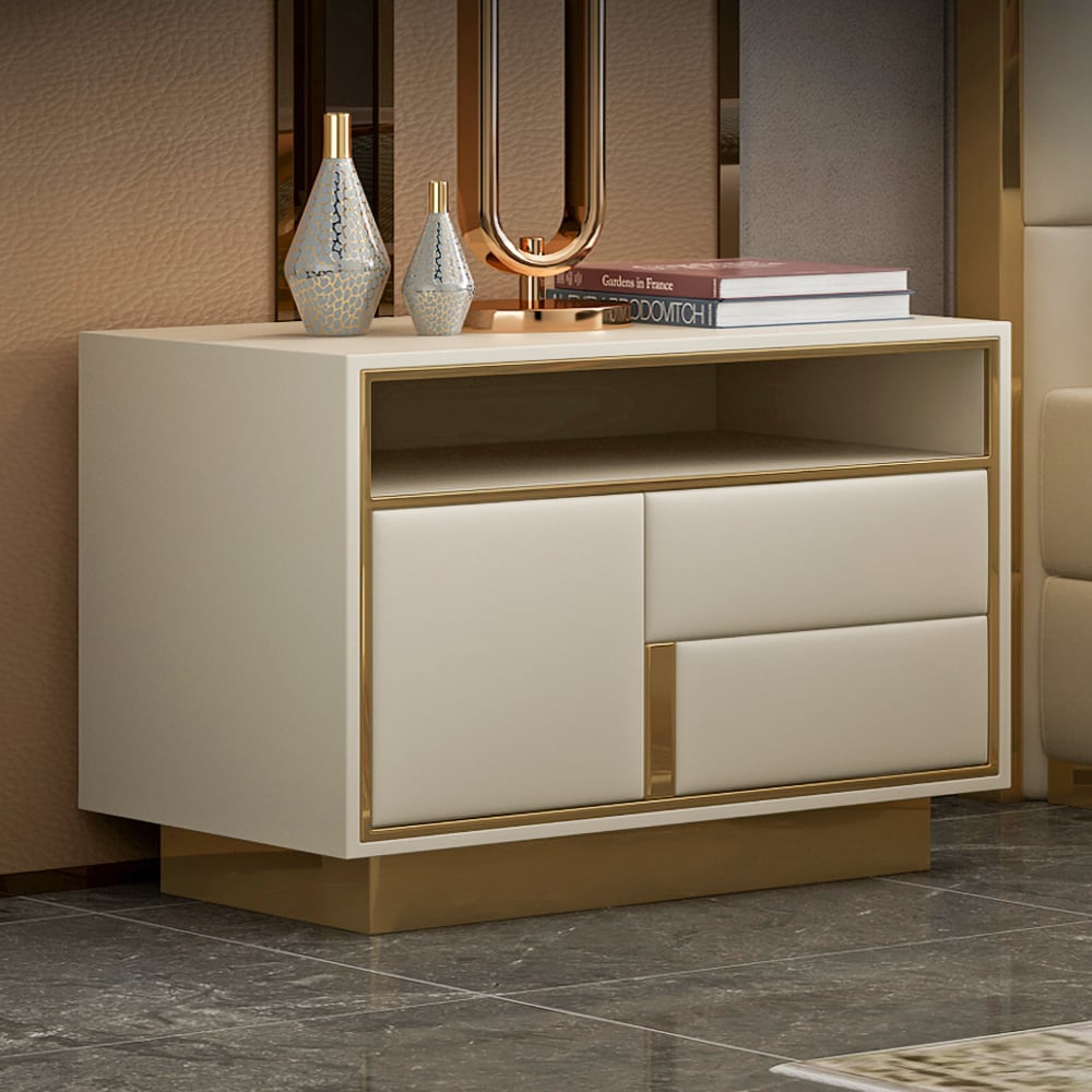 HMR - PU Leather Upholstered Wooden Nightstand with 1 Drawer in Off-White