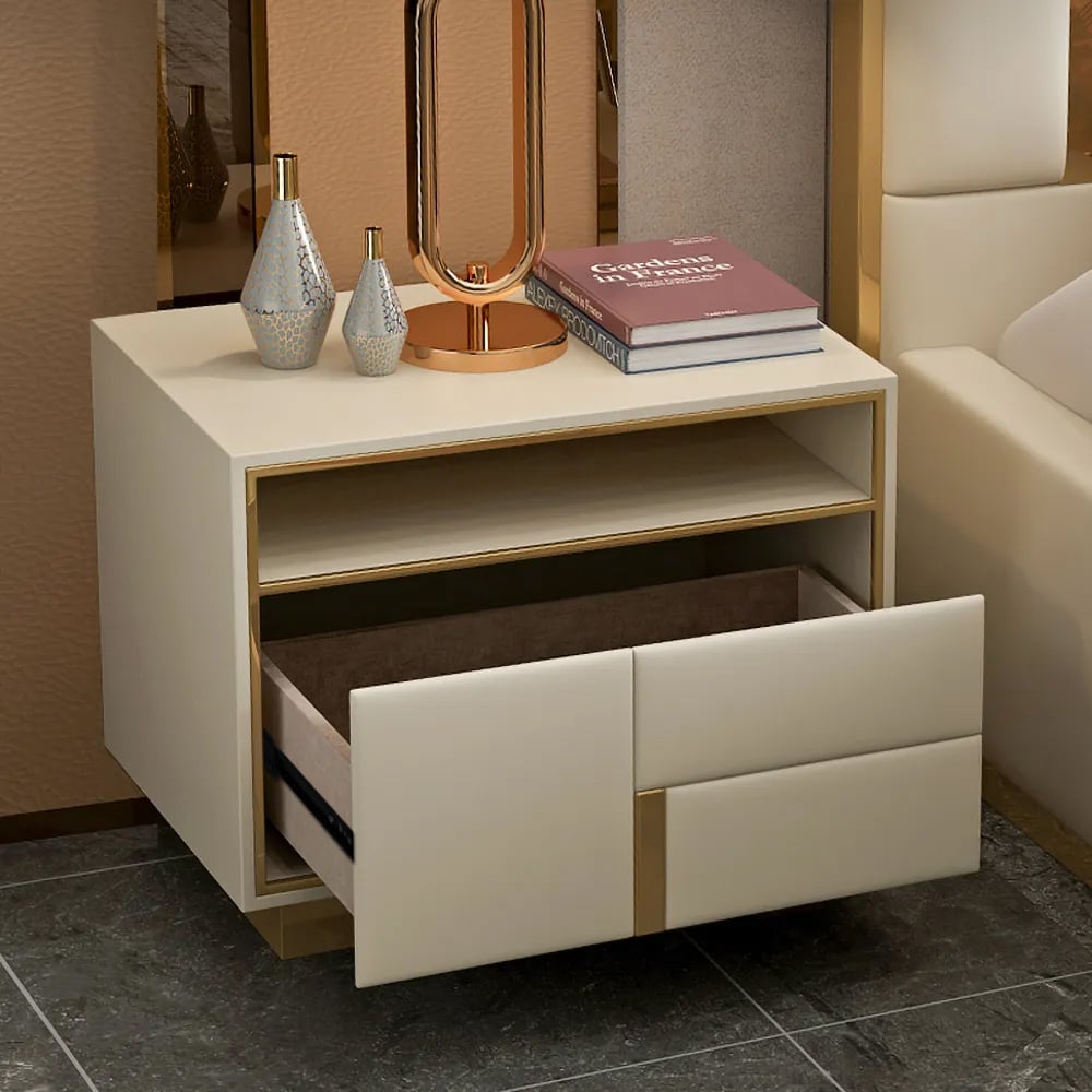 HMR - PU Leather Upholstered Wooden Nightstand with 1 Drawer in Off-White