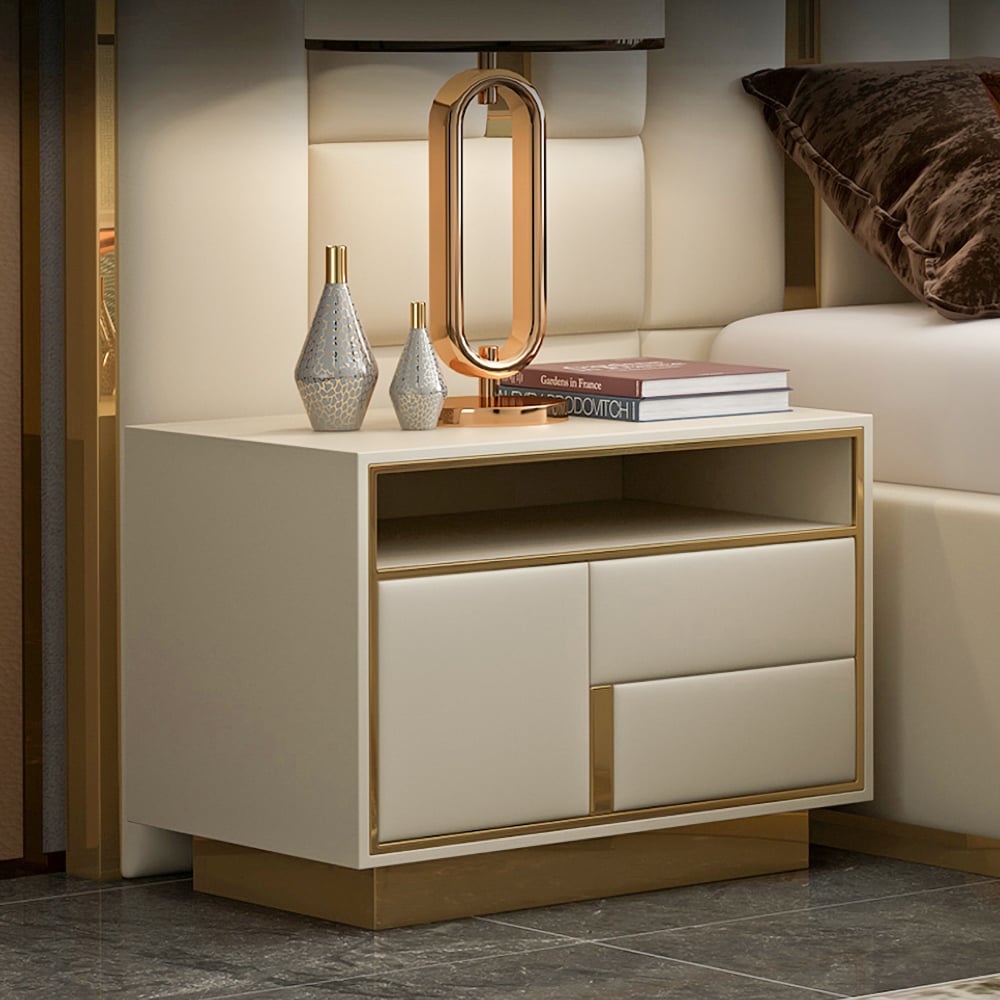 HMR - PU Leather Upholstered Wooden Nightstand with 1 Drawer in Off-White