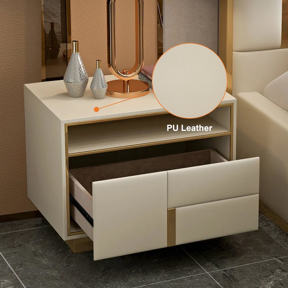 HMR - PU Leather Upholstered Wooden Nightstand with 1 Drawer in Off-White