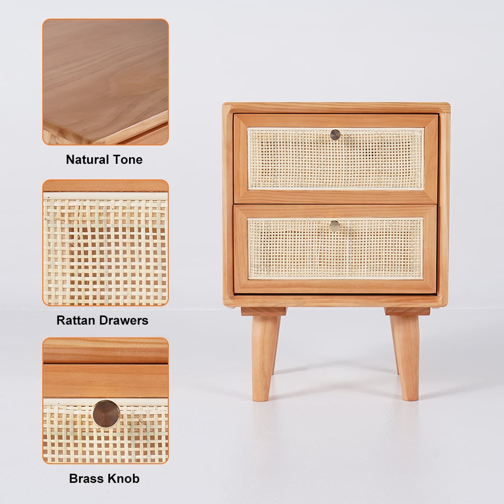 HMR - Natural Rattan 2-Drawer Nightstand in Cherry