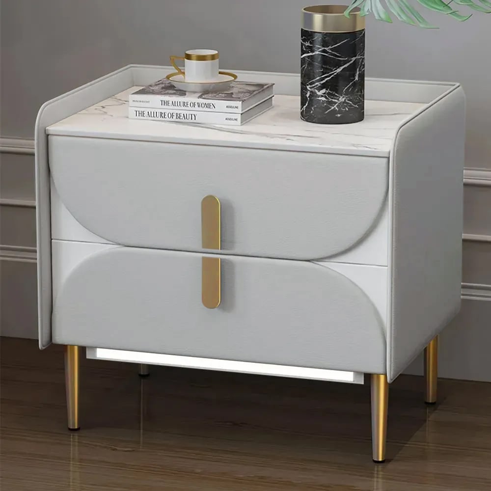 HMR - Microfiber Leather Upholstered Nightstand with Sintered Stone Top and LED Light in Gray