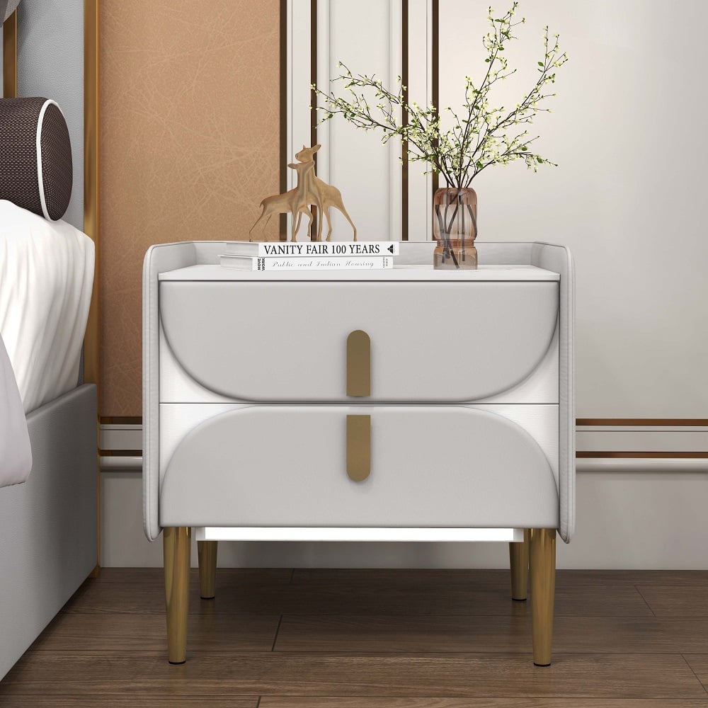HMR - Microfiber Leather Upholstered Nightstand with Sintered Stone Top and LED Light in Gray
