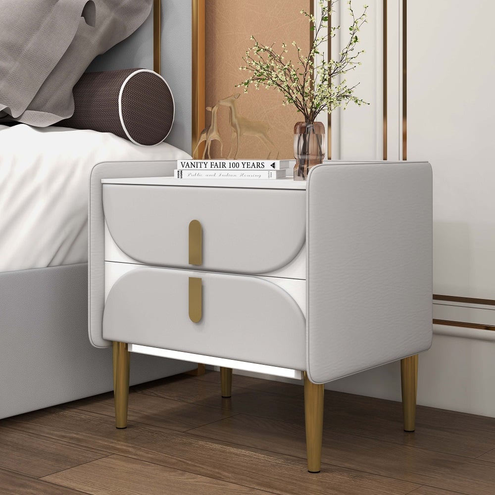 HMR - Microfiber Leather Upholstered Nightstand with Sintered Stone Top and LED Light in Gray