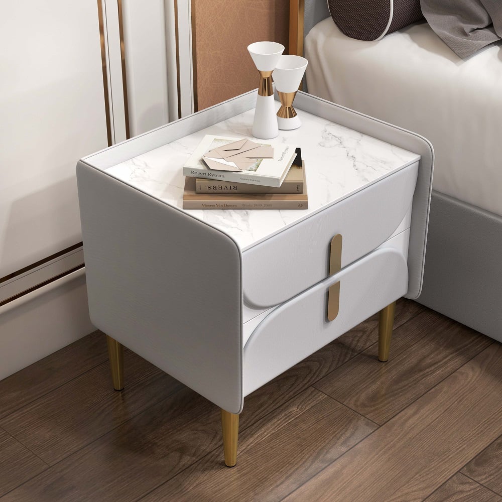 HMR - Microfiber Leather Upholstered Nightstand with Sintered Stone Top and LED Light in Gray