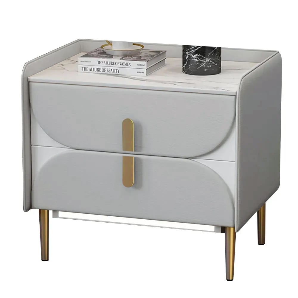 HMR - Microfiber Leather Upholstered Nightstand with Sintered Stone Top and LED Light in Gray