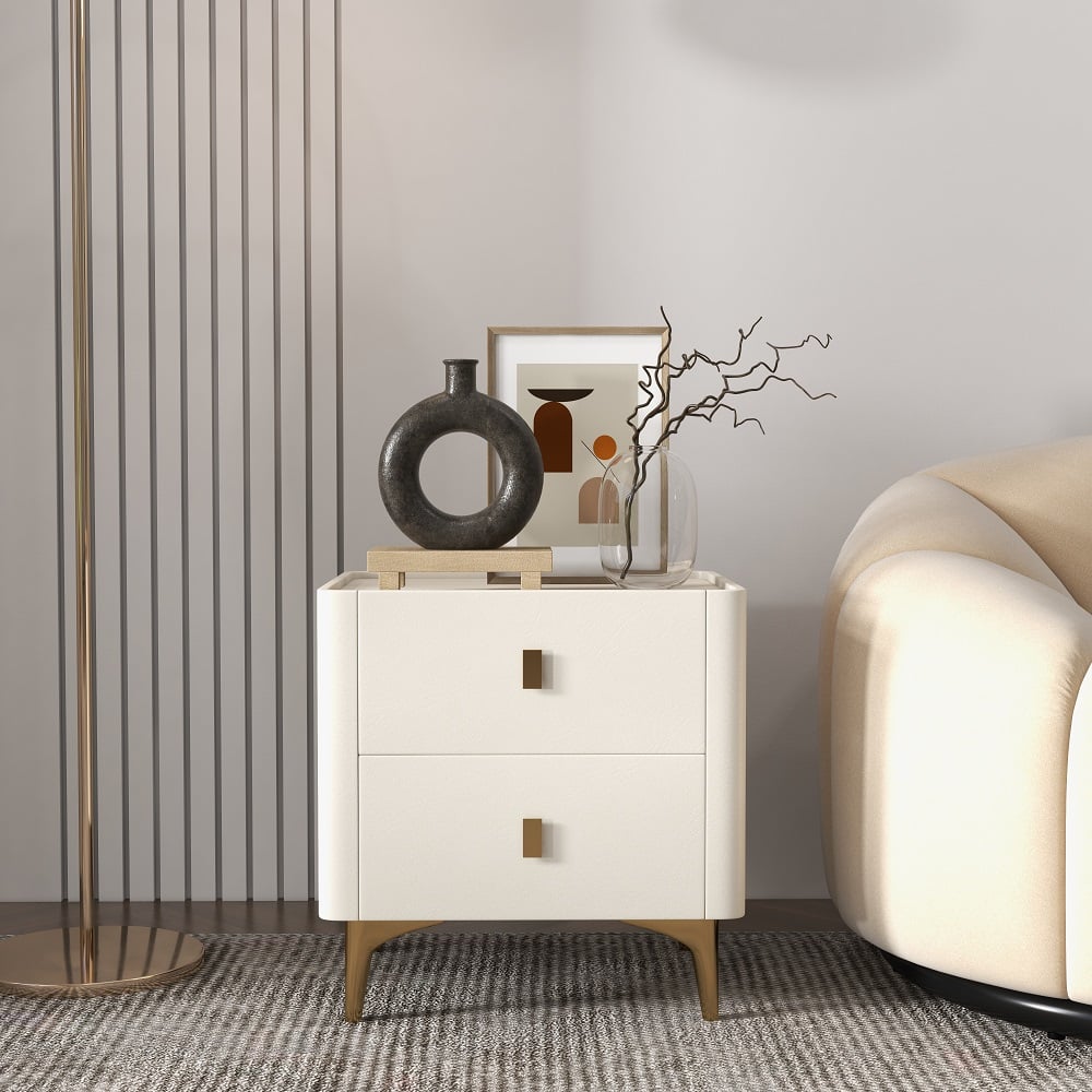 HMR - 2-Drawer Nightstand with Sintered Stone Top in Off-White