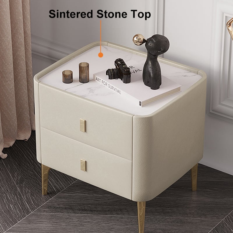 HMR - 2-Drawer Nightstand with Sintered Stone Top in Off-White