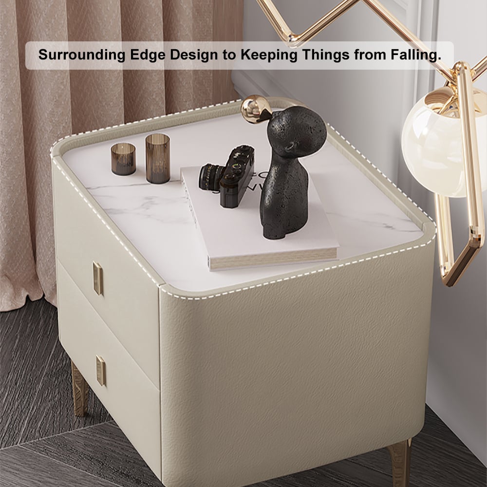 HMR - 2-Drawer Nightstand with Sintered Stone Top in Off-White