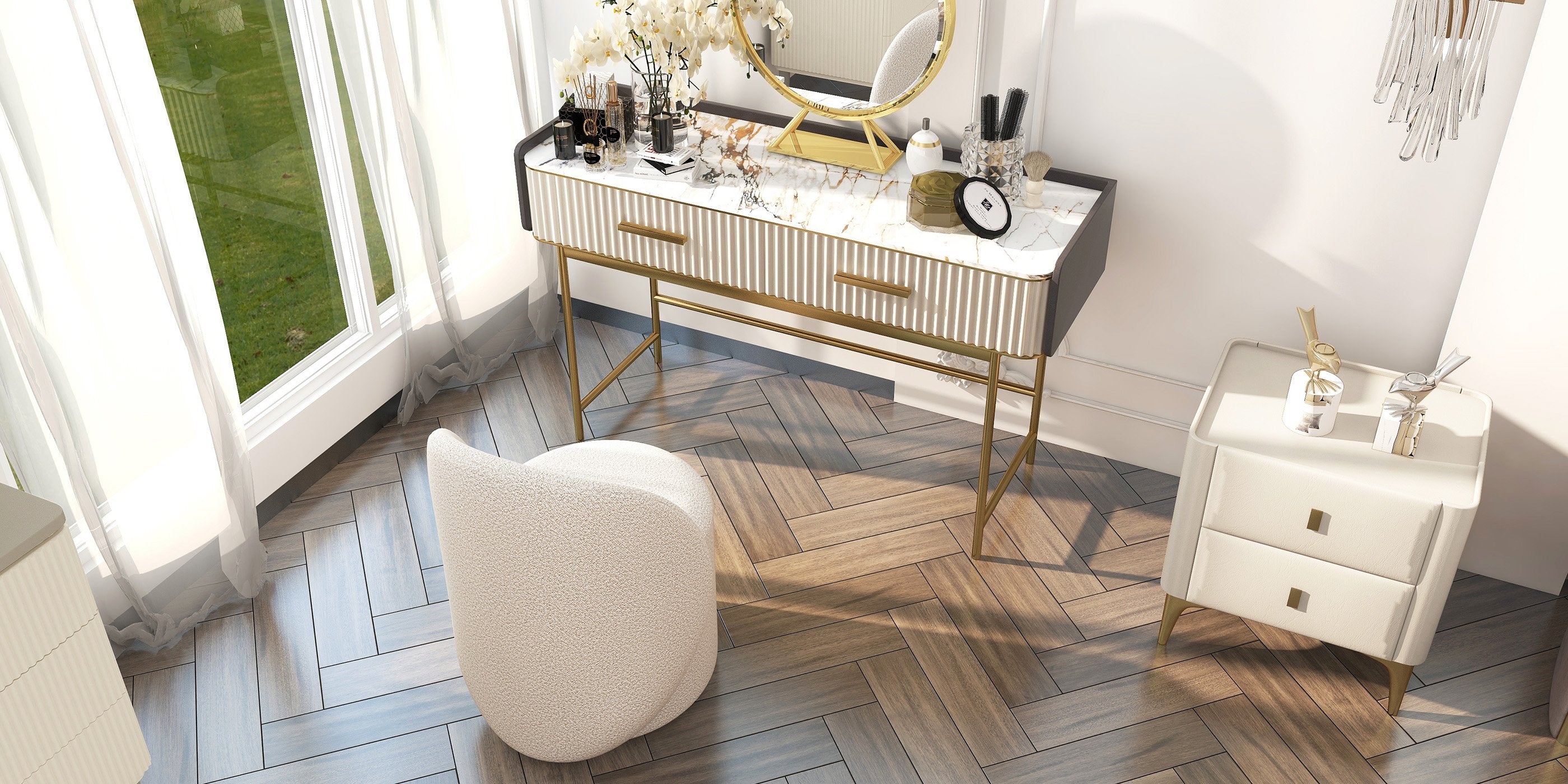 HMR - 2-Drawer Nightstand with Sintered Stone Top in Off-White