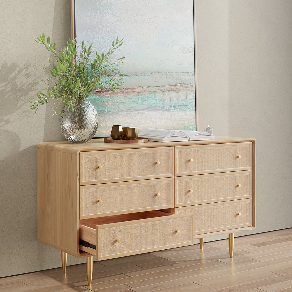 HMR - Dresser with 6 Drawers Rattan Woven in 53"W, Natural, Gold
