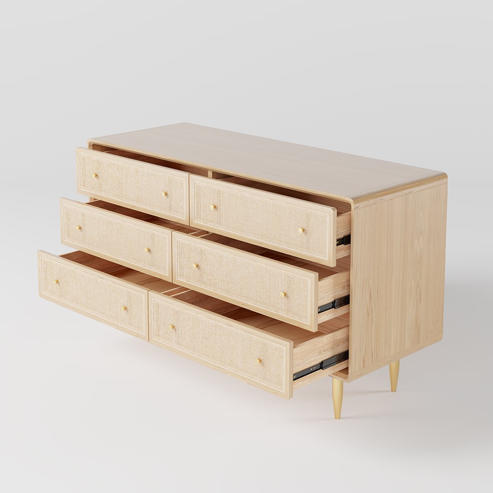 HMR - Dresser with 6 Drawers Rattan Woven in 53"W, Natural, Gold