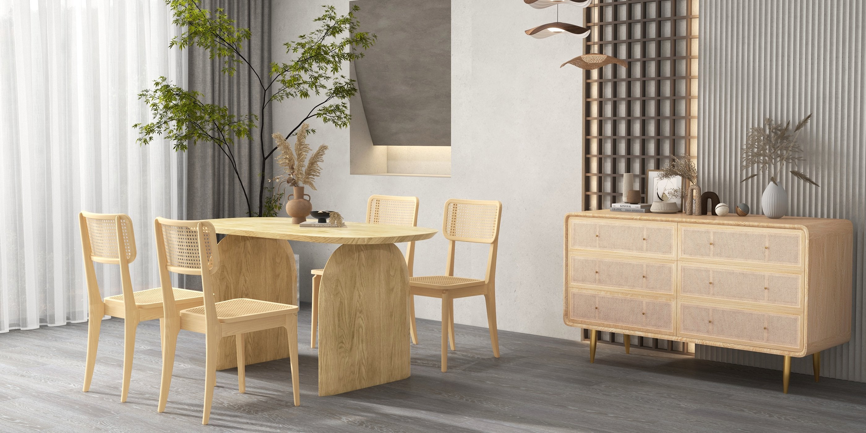 HMR - Dresser with 6 Drawers Rattan Woven in 53"W, Natural, Gold