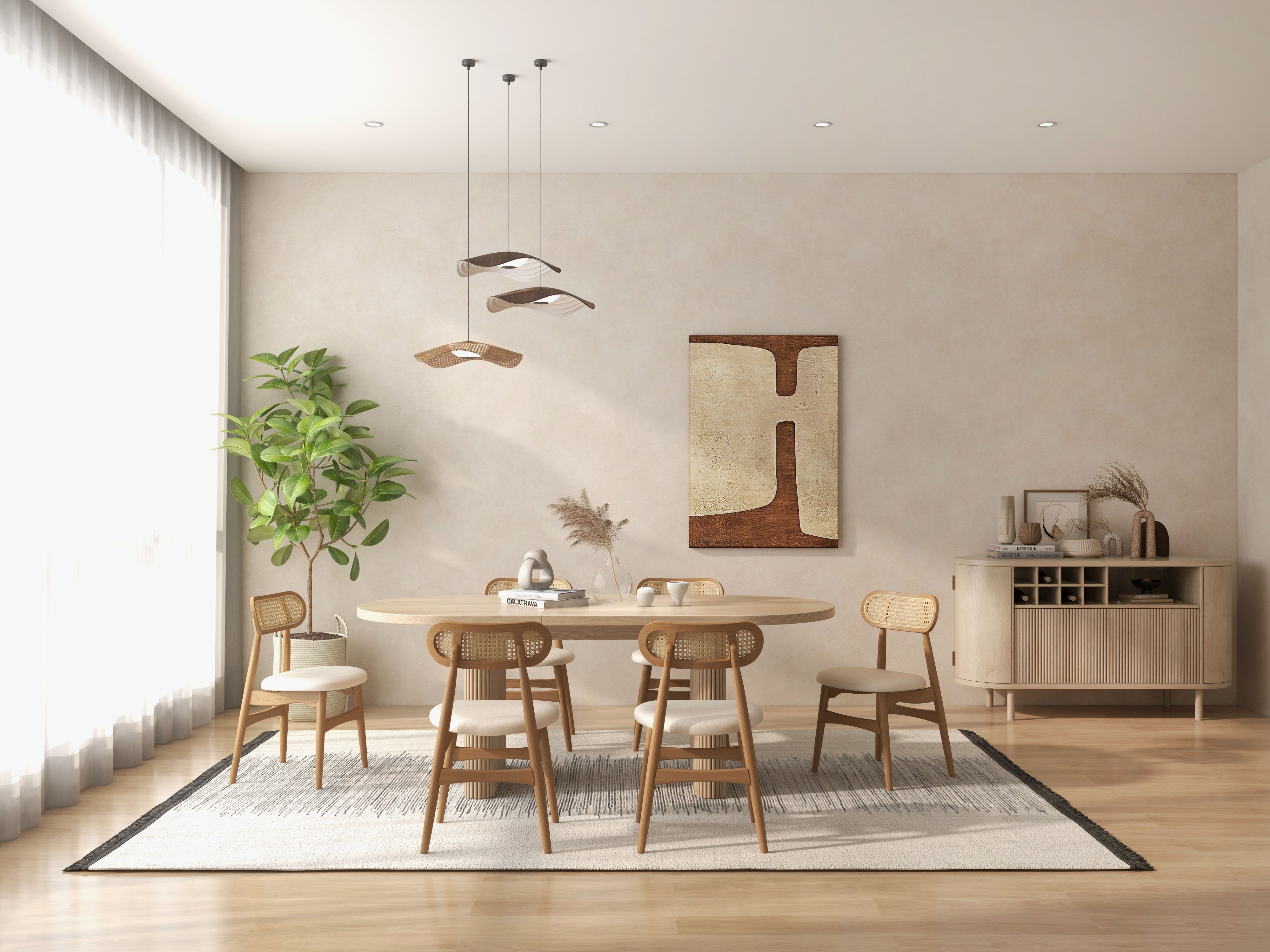 HMR - Japandi Modern Wood Dining Chair with Faux Leather Upholstery