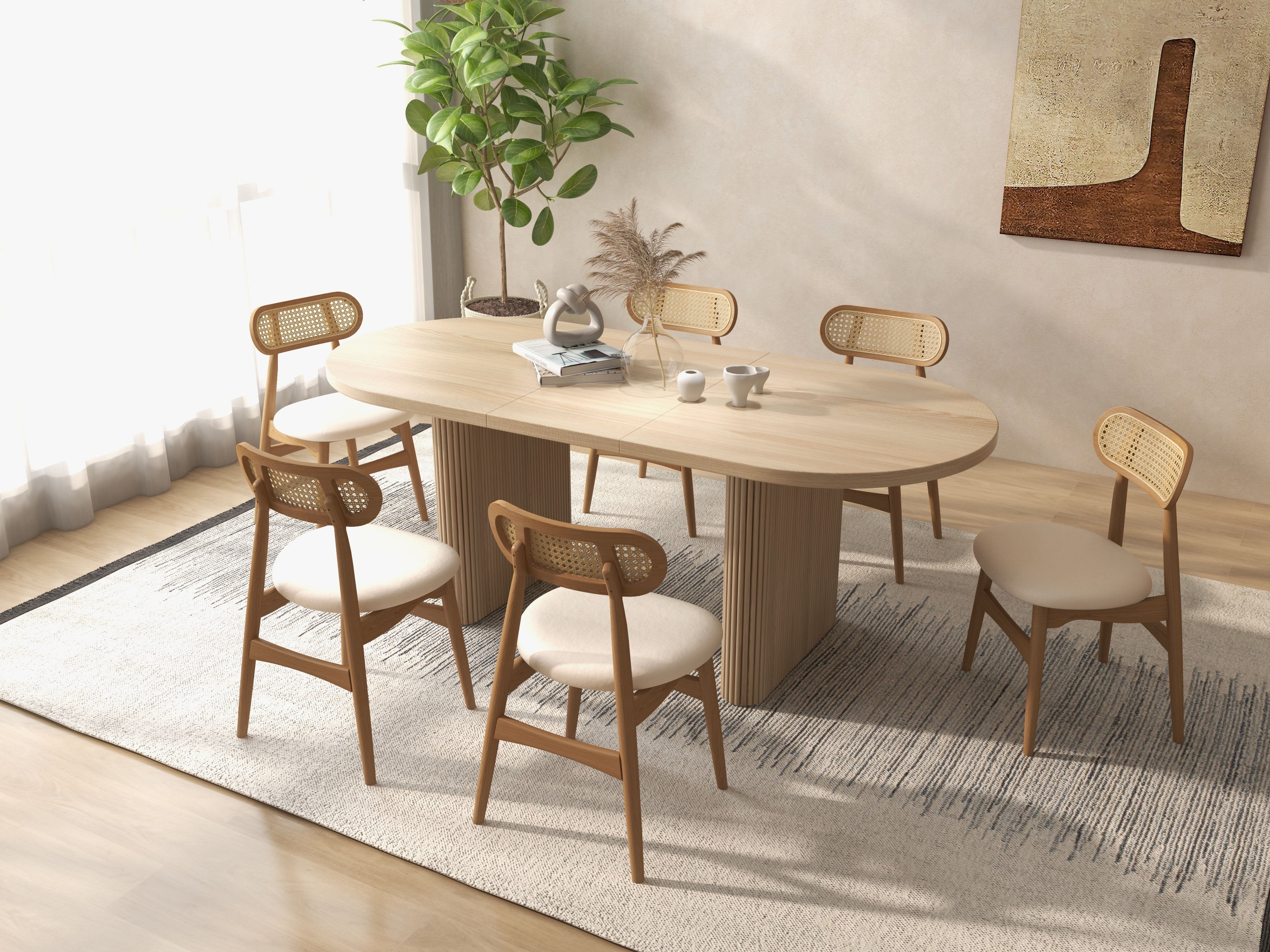 HMR - Japandi Modern Wood Dining Chair with Faux Leather Upholstery