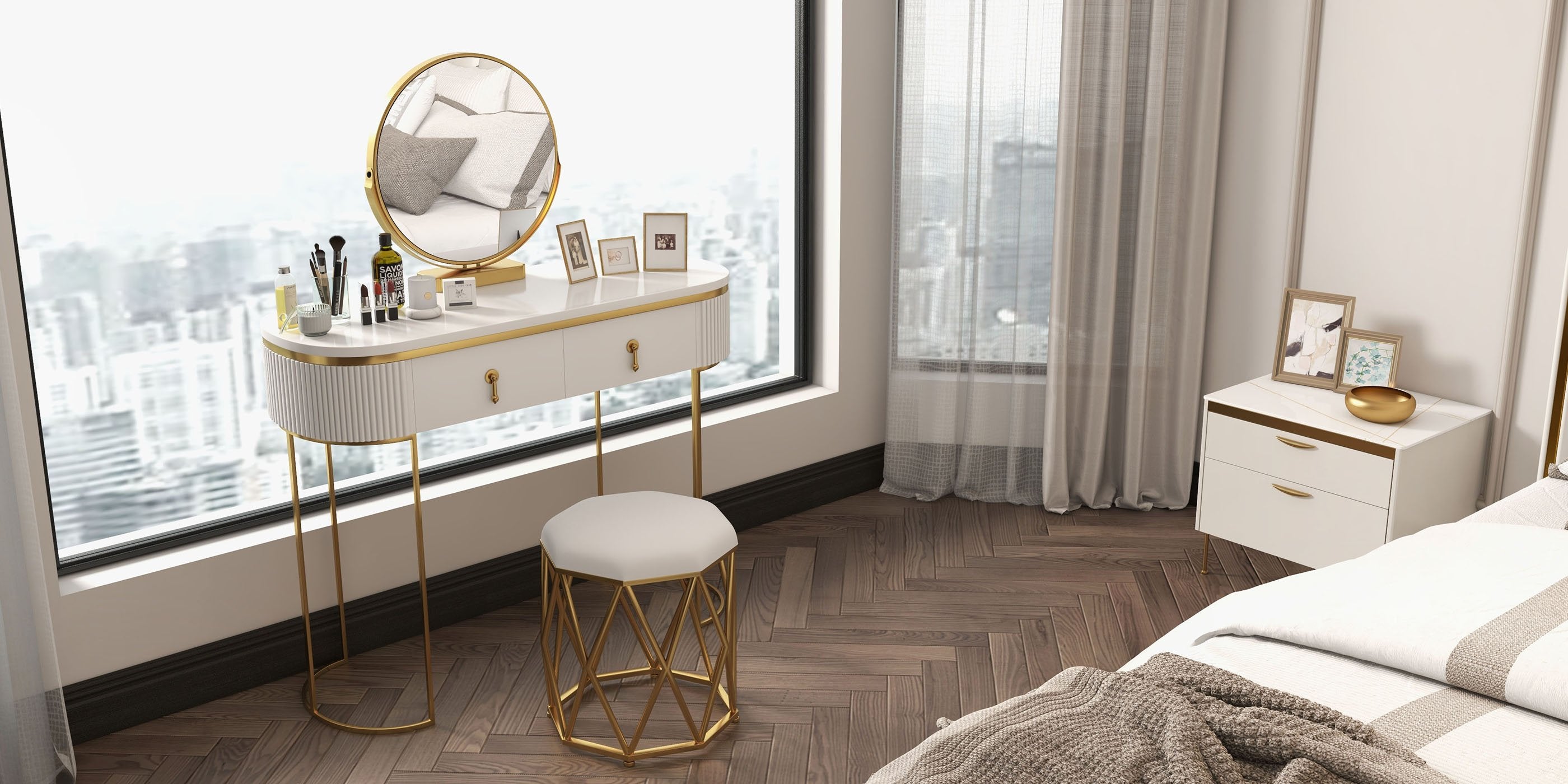 HMR - Pursorr Oval Vanity Table with Rotatable Mirror and Nesting Stool in 39.4"W