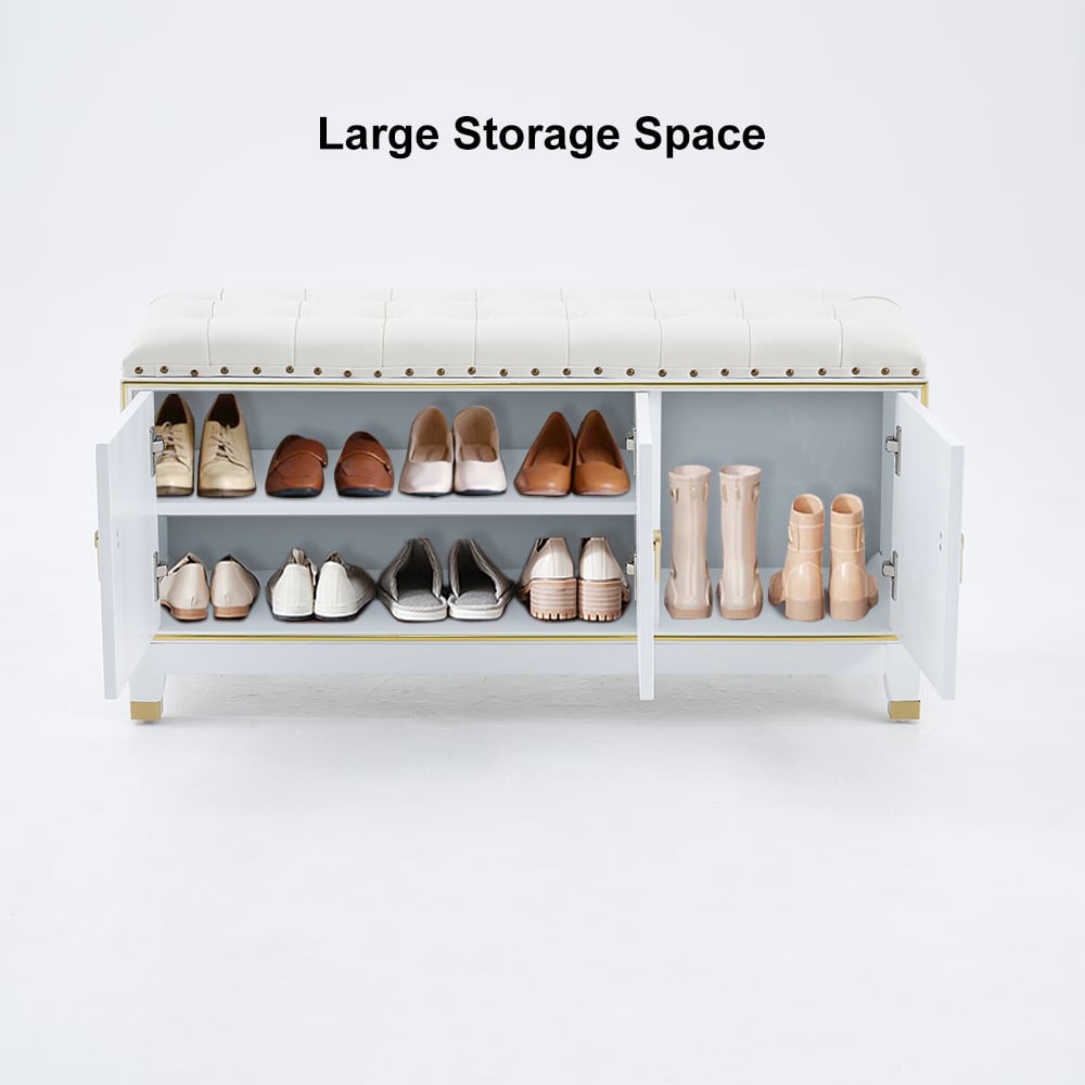 HMR - Faux Leather Bench with Storage Cabinet 3-Door in White and Champagne