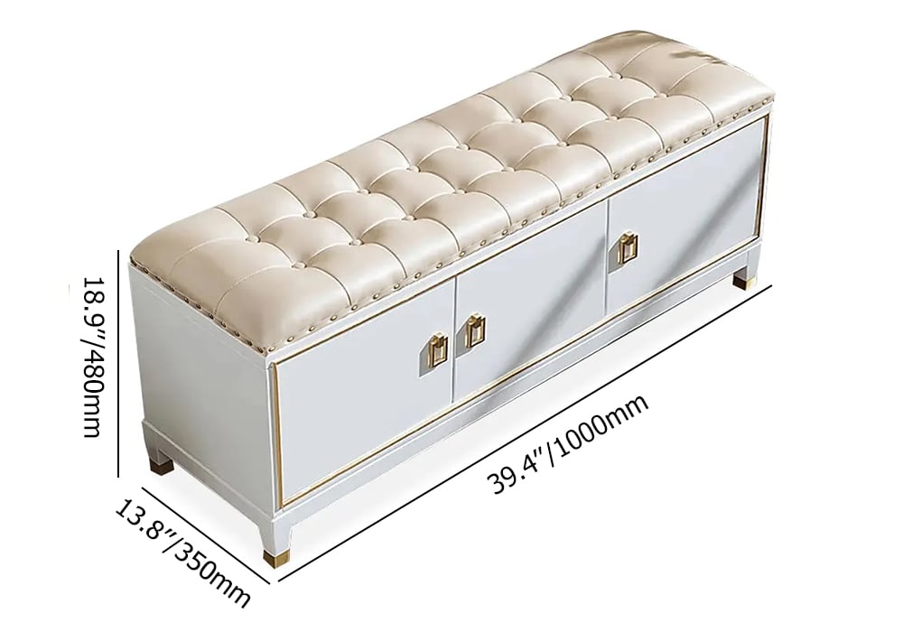 HMR - Faux Leather Bench with Storage Cabinet 3-Door in White and Champagne