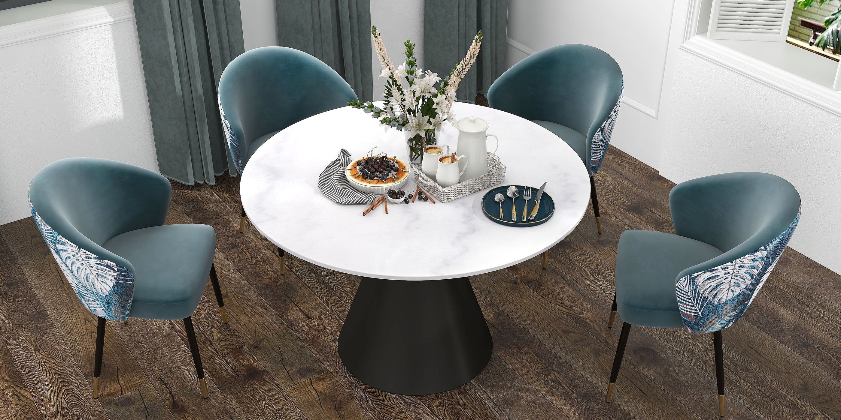HMR - Round White Dining Table Black Carbon Steel Base in 47.2"L