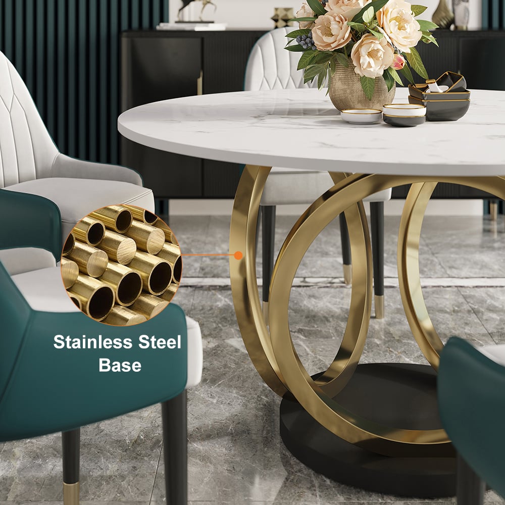 HMR - Round Dining Table for 6 Person with Black Pedestal in 53"Dia , Gold and White