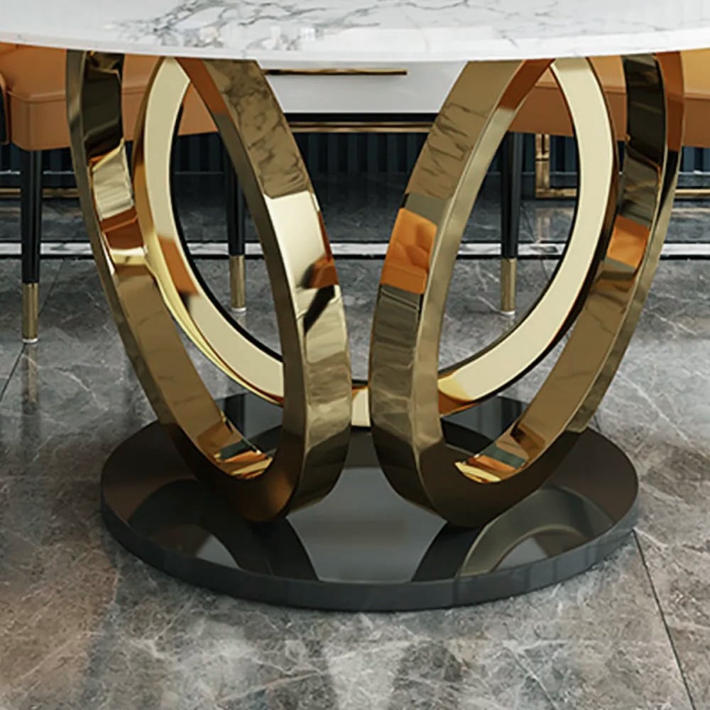 HMR - Round Dining Table for 6 Person with Black Pedestal in 53"Dia , Gold and White