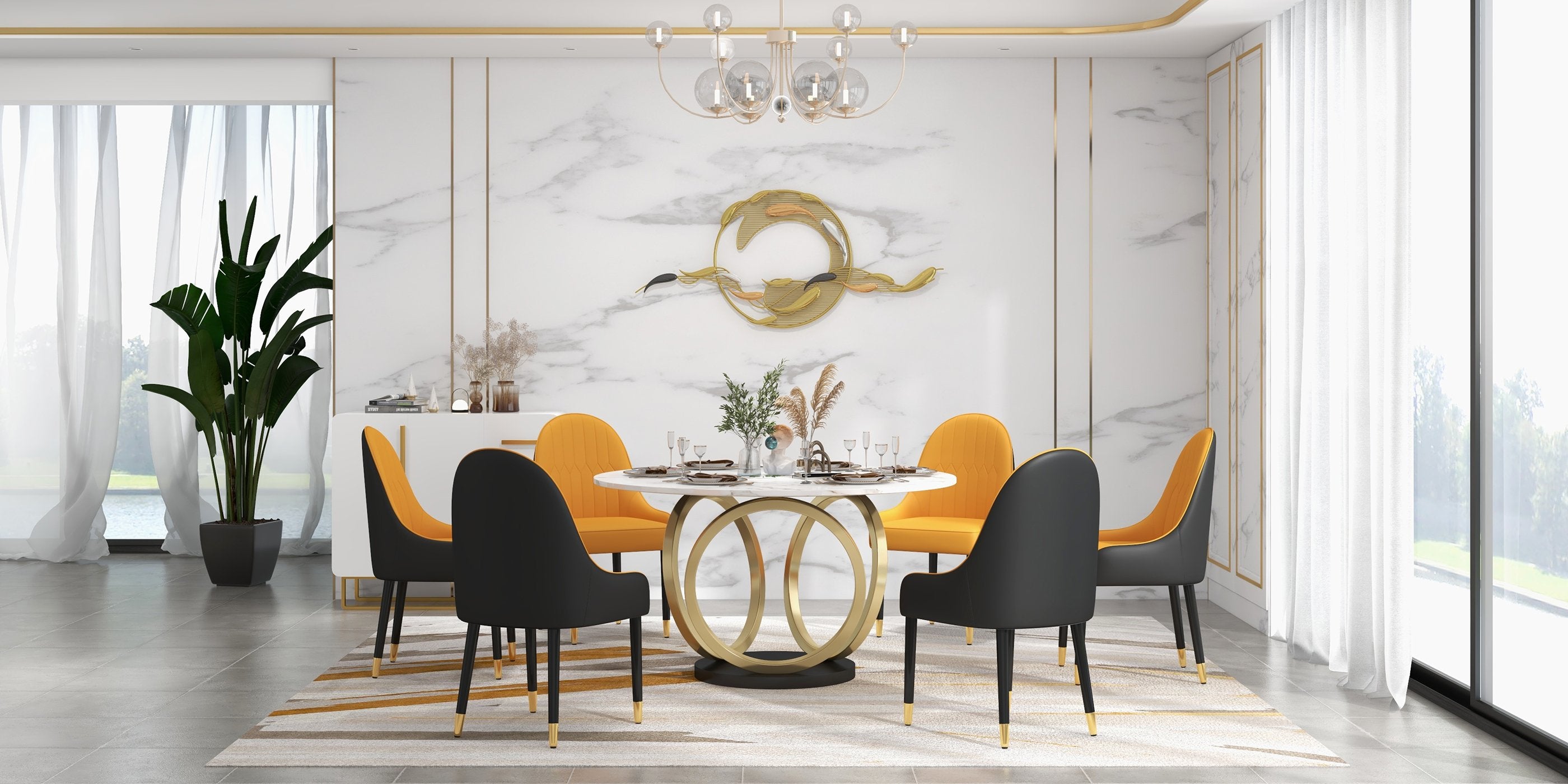 HMR - Round Dining Table for 6 Person with Black Pedestal in 53"Dia , Gold and White