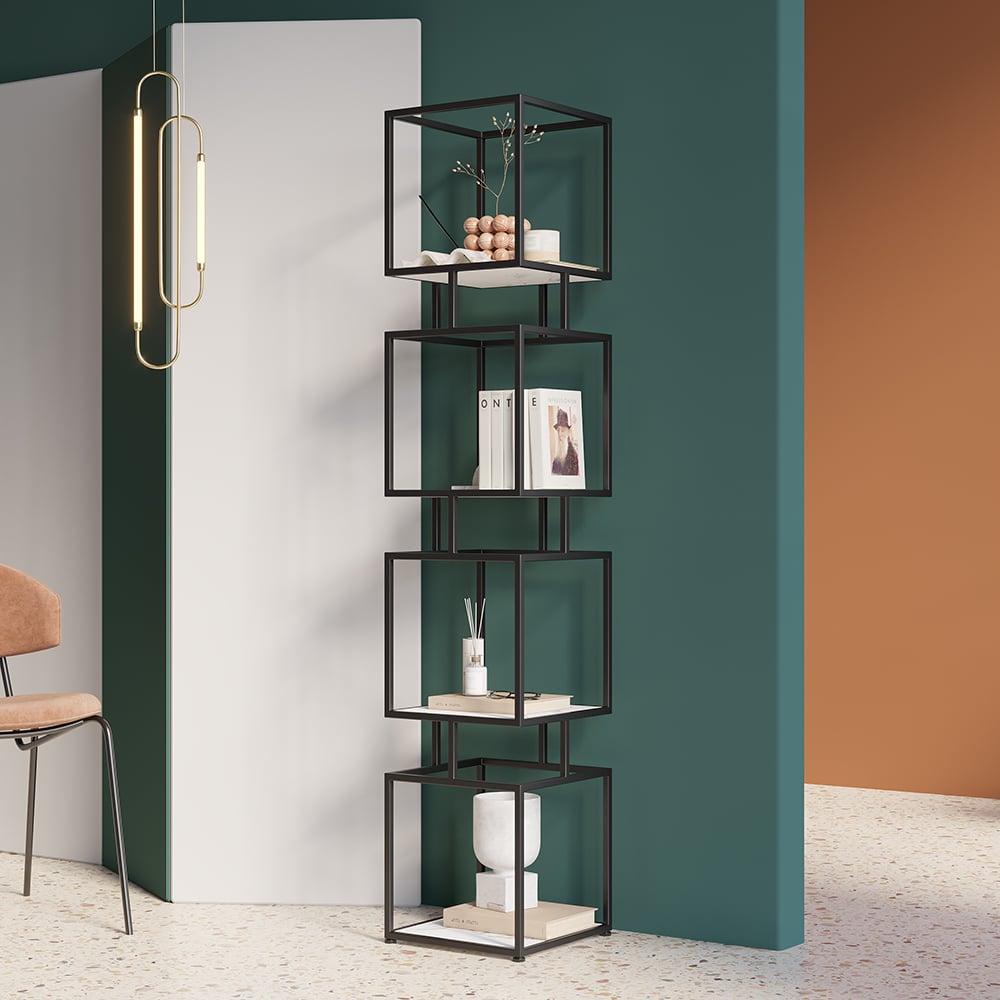 HMR - Modern Cube 3-Tier Bookcase with Metal Tower Display