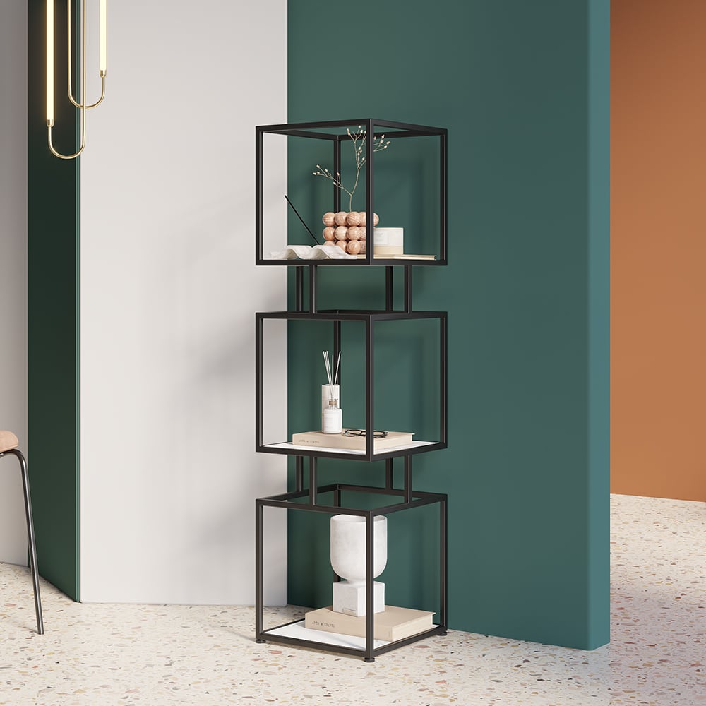 HMR - Modern Cube 3-Tier Bookcase with Metal Tower Display
