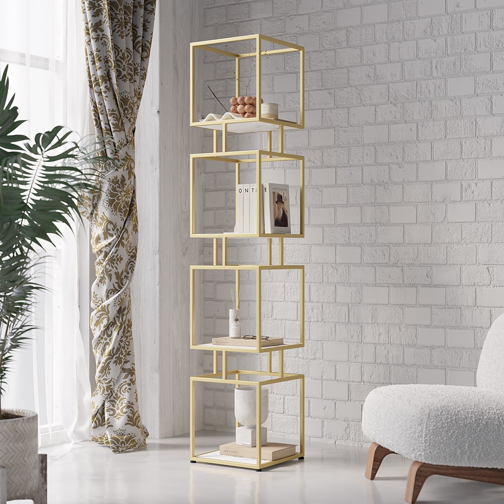 HMR - Modern Cube 3-Tier Bookcase with Metal Tower Display