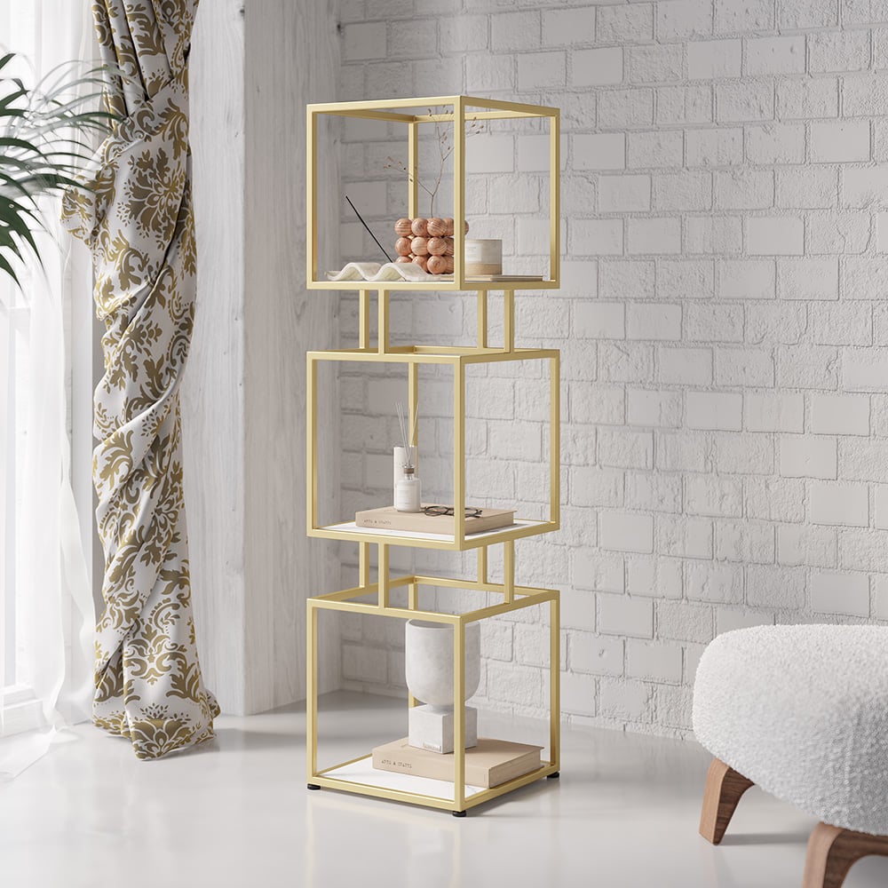 HMR - Modern Cube 3-Tier Bookcase with Metal Tower Display