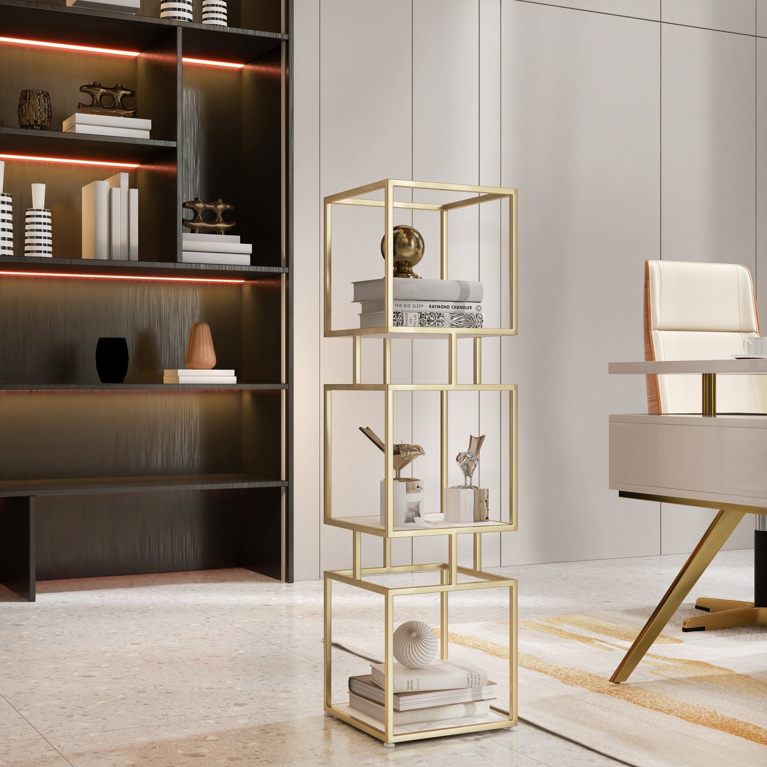 HMR - Modern Cube 3-Tier Bookcase with Metal Tower Display