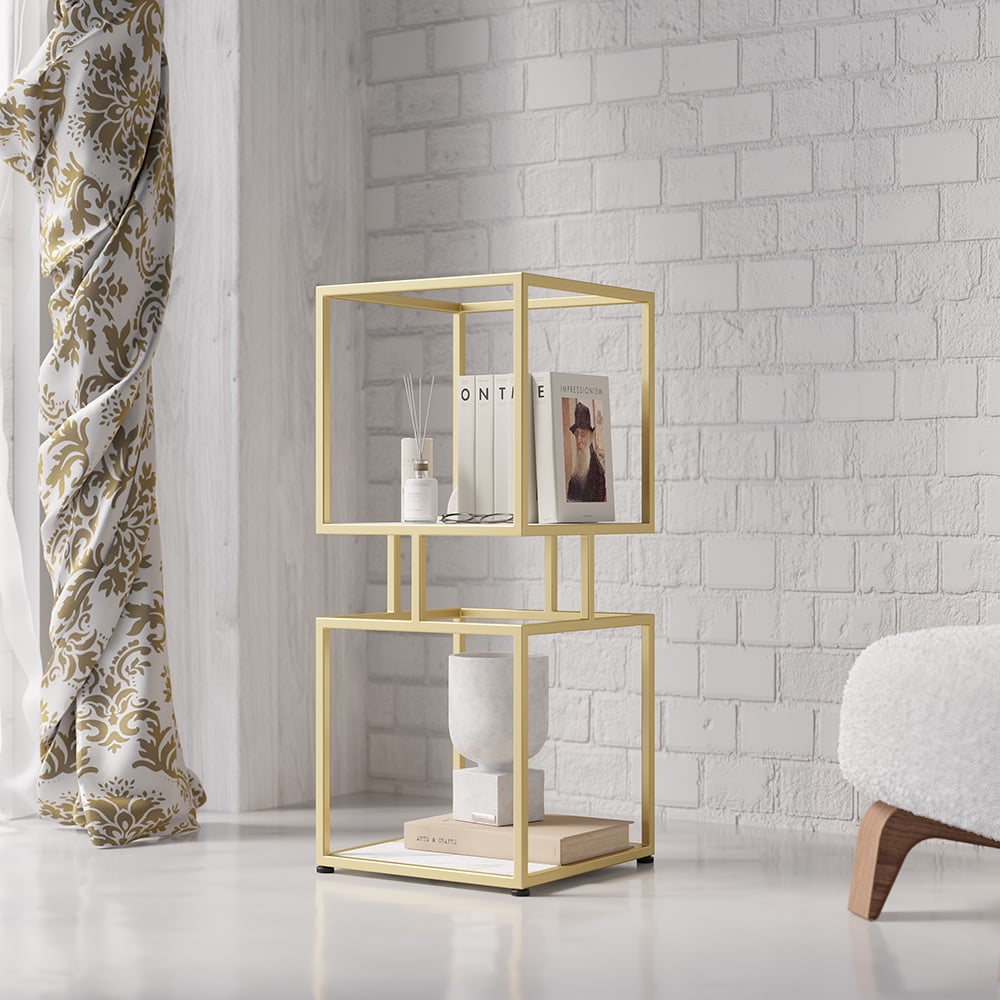 HMR - Modern Cube 3-Tier Bookcase with Metal Tower Display