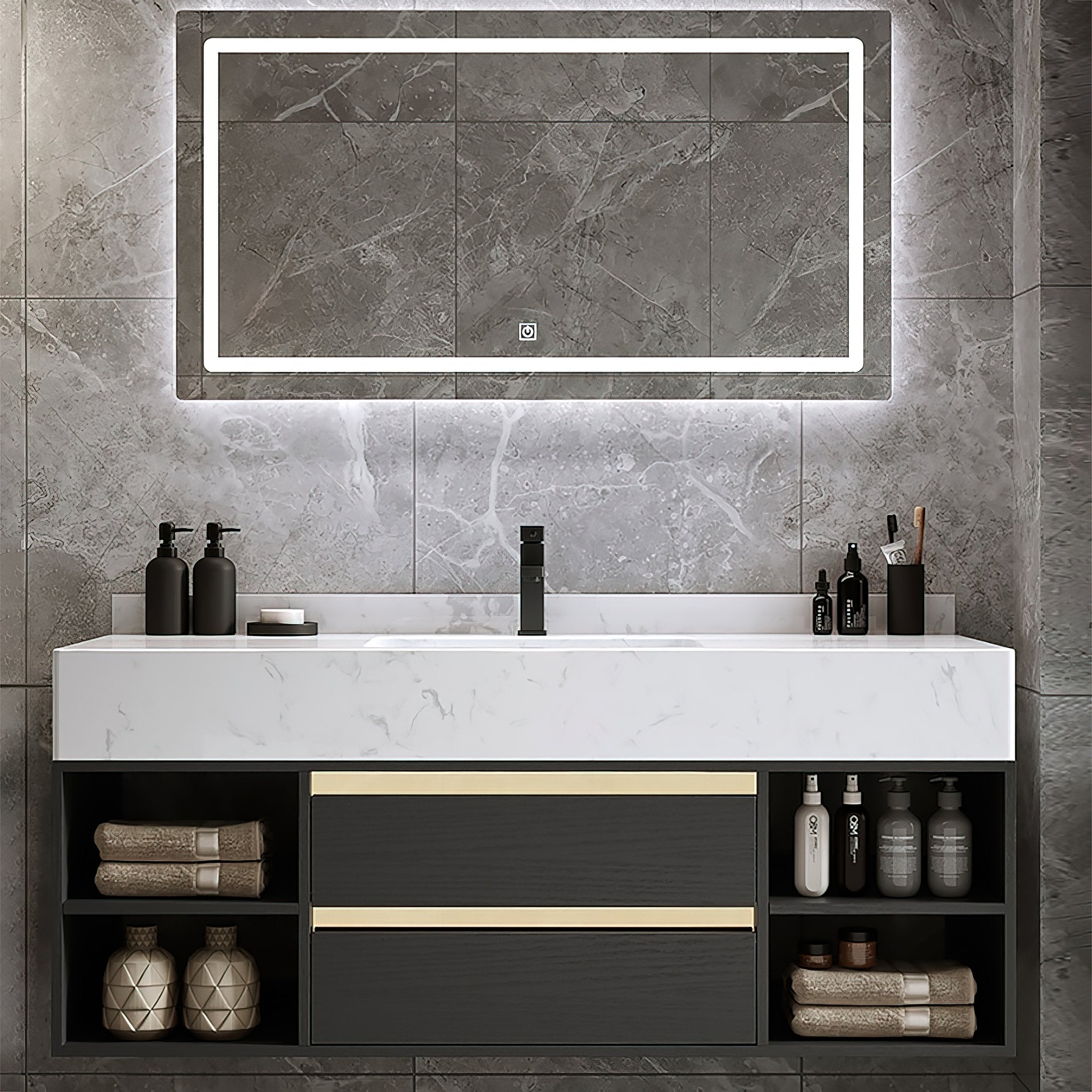HMR - 39.4" Modern Floating Bathroom Vanity Set with Ceramic Sink 2 Drawers & Open Shelves