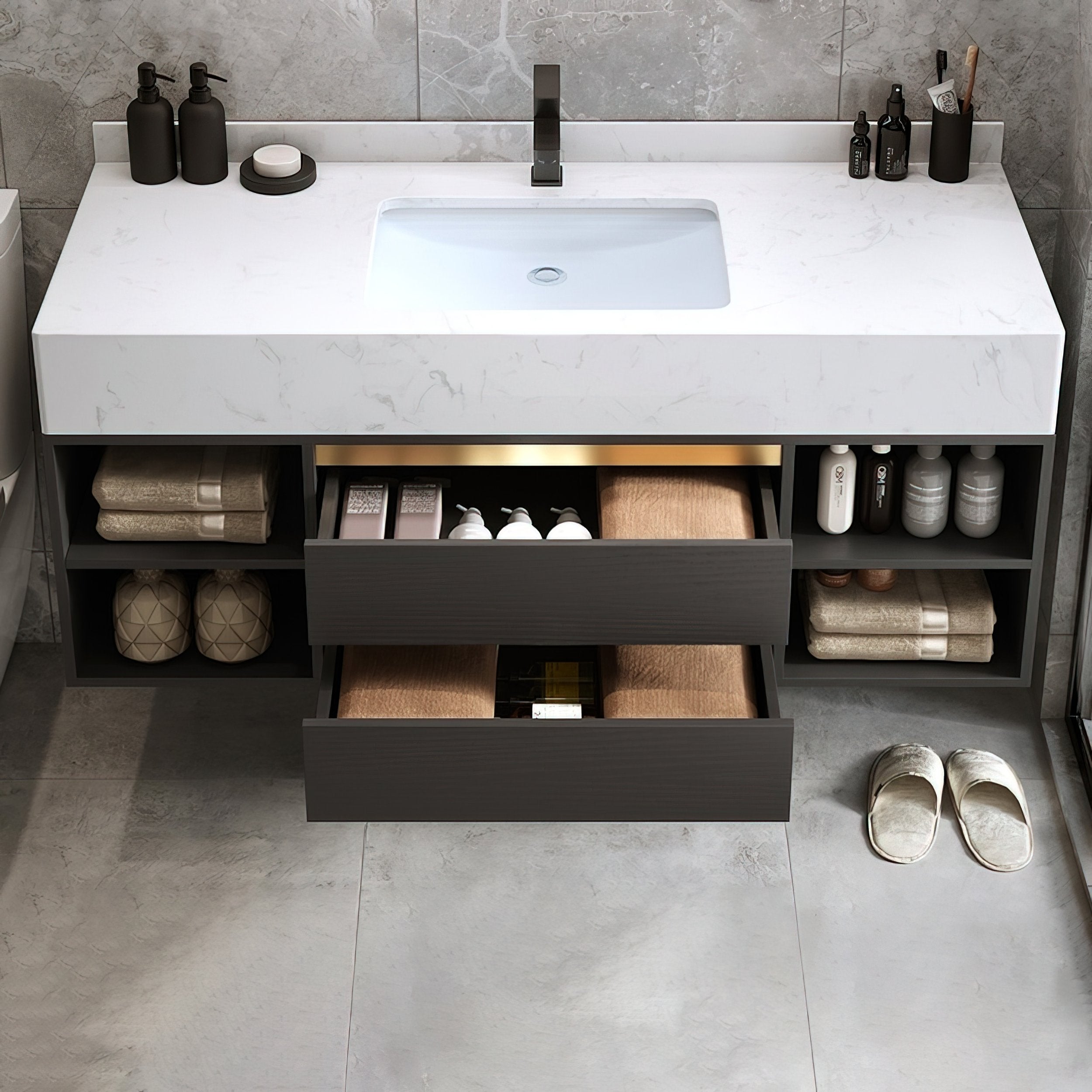 HMR - 39.4" Modern Floating Bathroom Vanity Set with Ceramic Sink 2 Drawers & Open Shelves