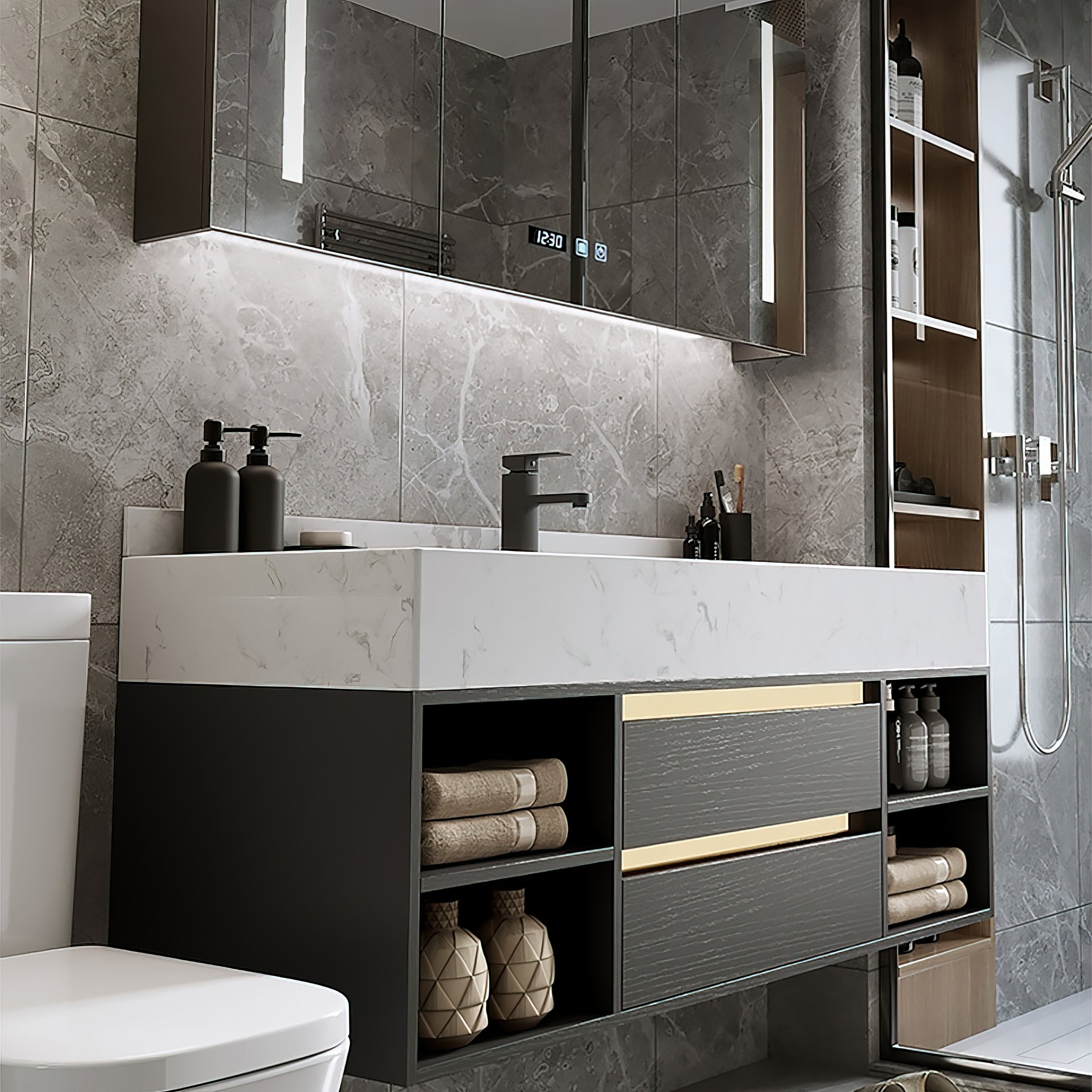 HMR - 39.4" Modern Floating Bathroom Vanity Set with Ceramic Sink 2 Drawers & Open Shelves