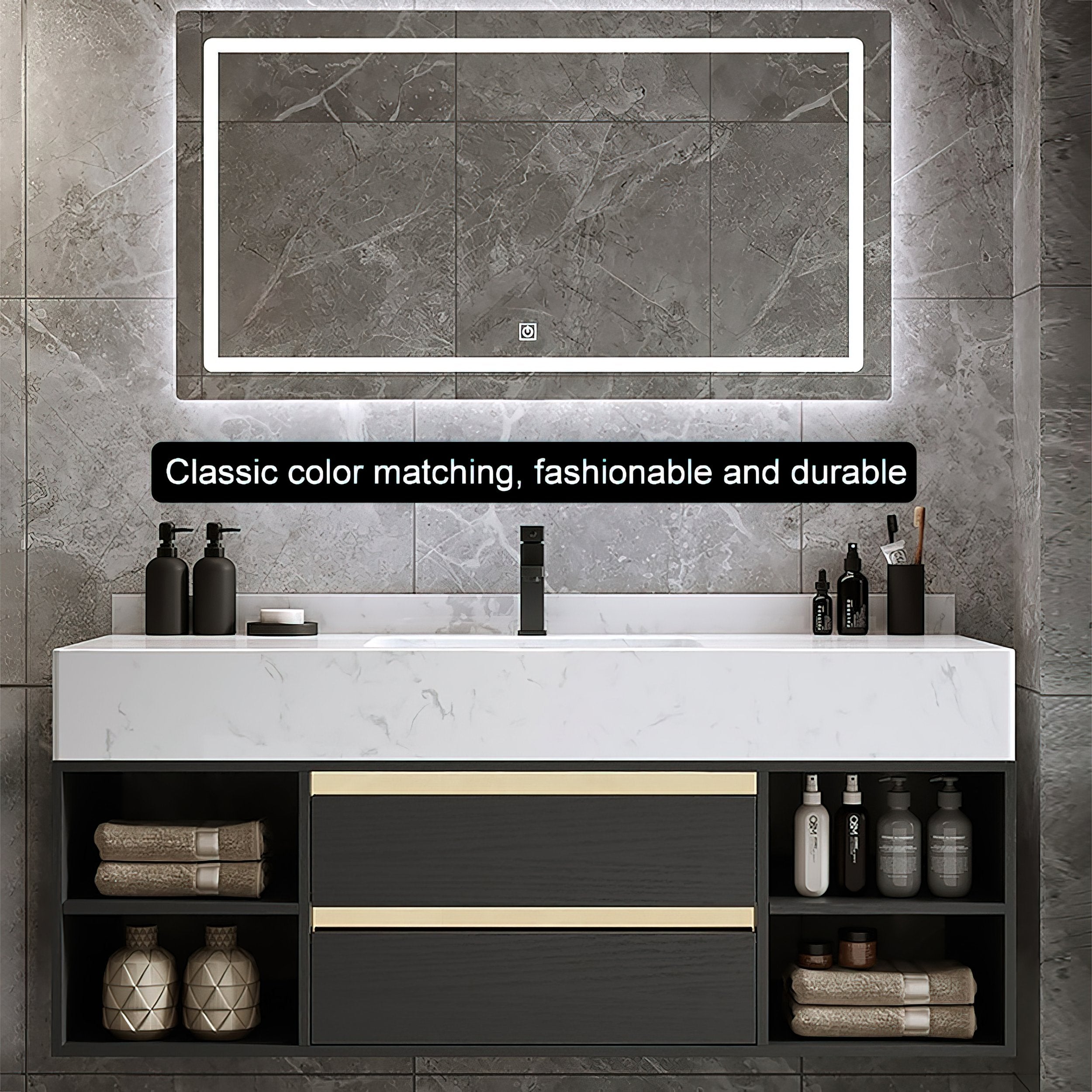 HMR - 39.4" Modern Floating Bathroom Vanity Set with Ceramic Sink 2 Drawers & Open Shelves