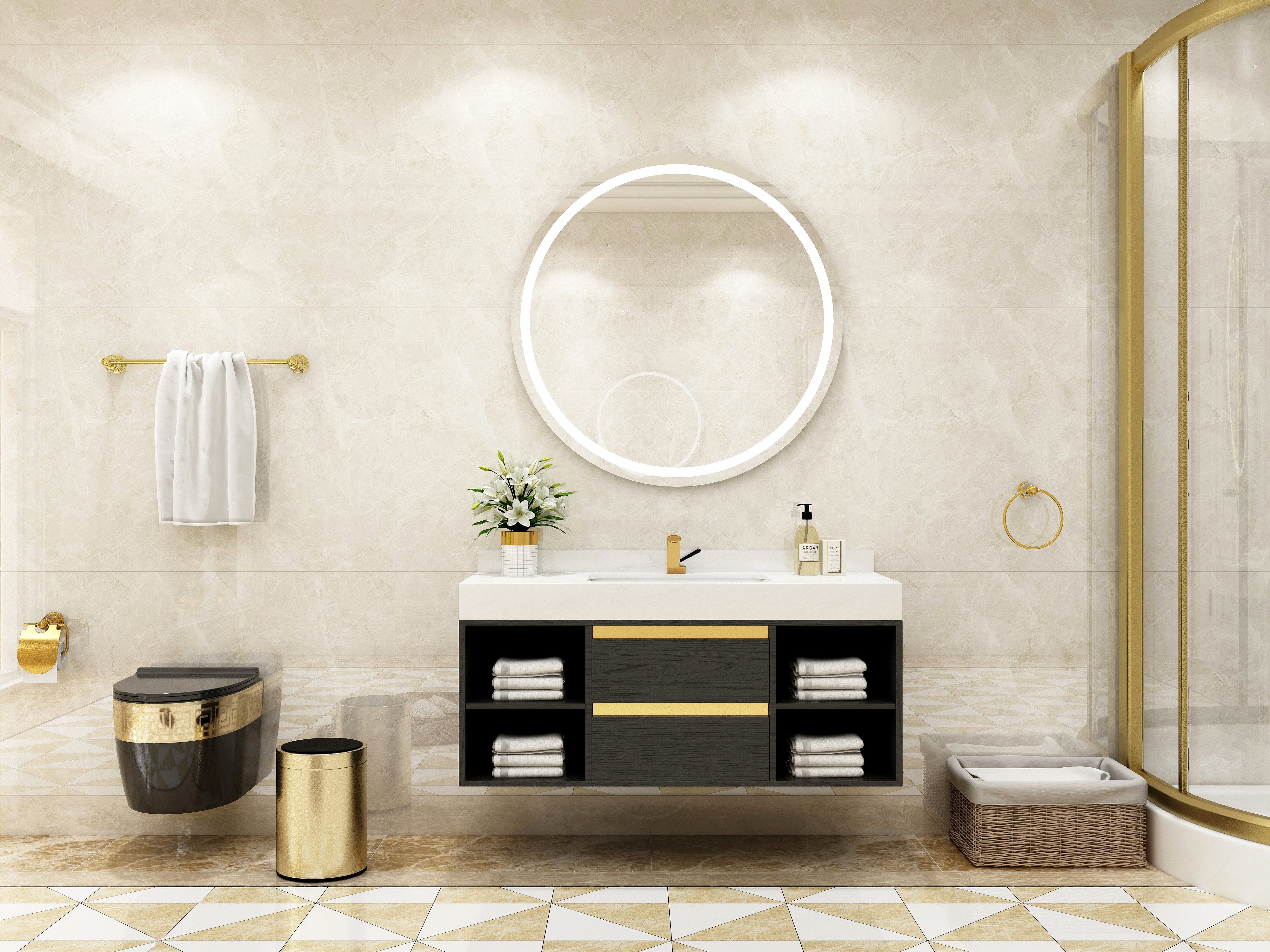 HMR - 39.4" Modern Floating Bathroom Vanity Set with Ceramic Sink 2 Drawers & Open Shelves