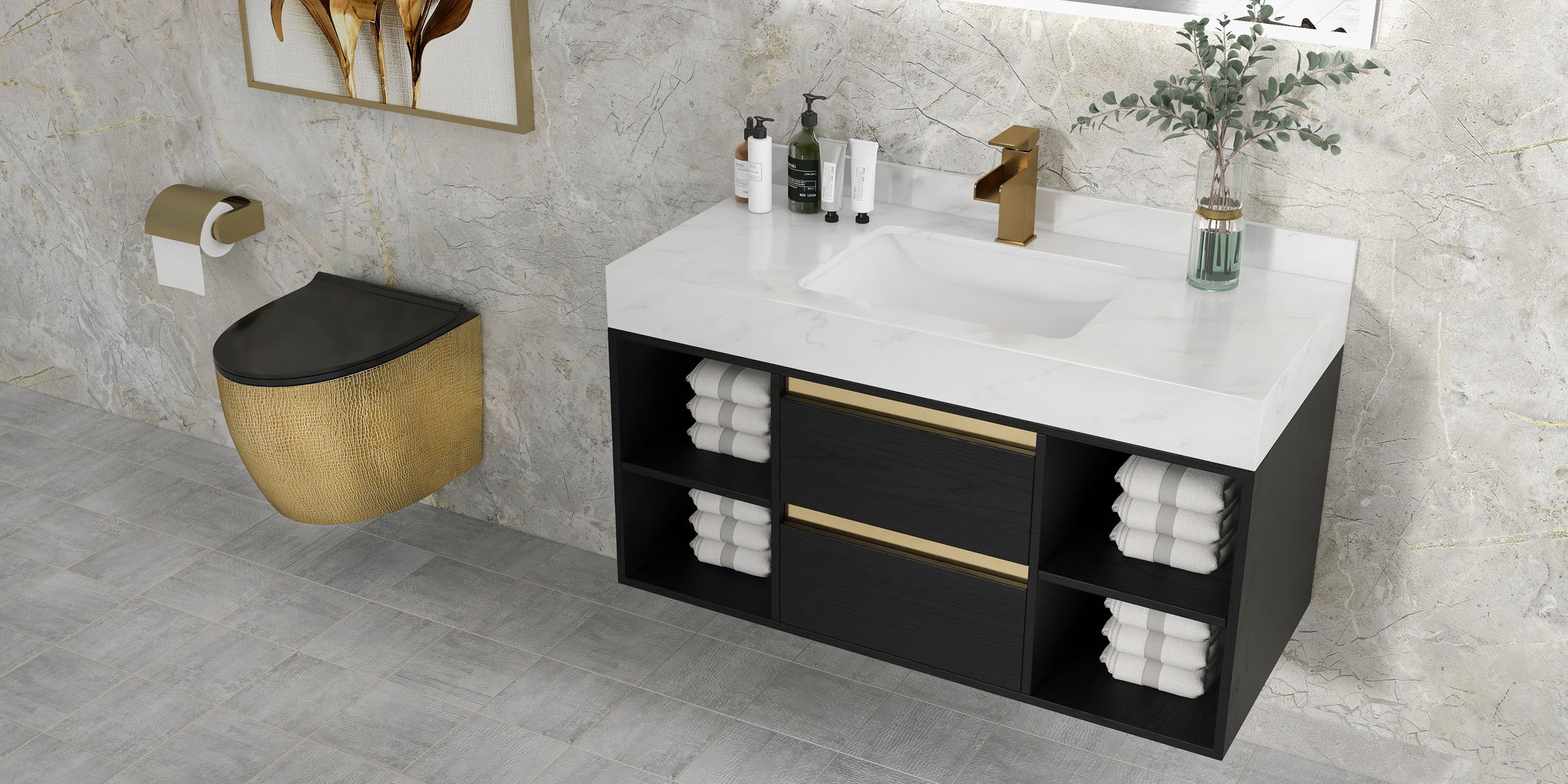 HMR - 39.4" Modern Floating Bathroom Vanity Set with Ceramic Sink 2 Drawers & Open Shelves