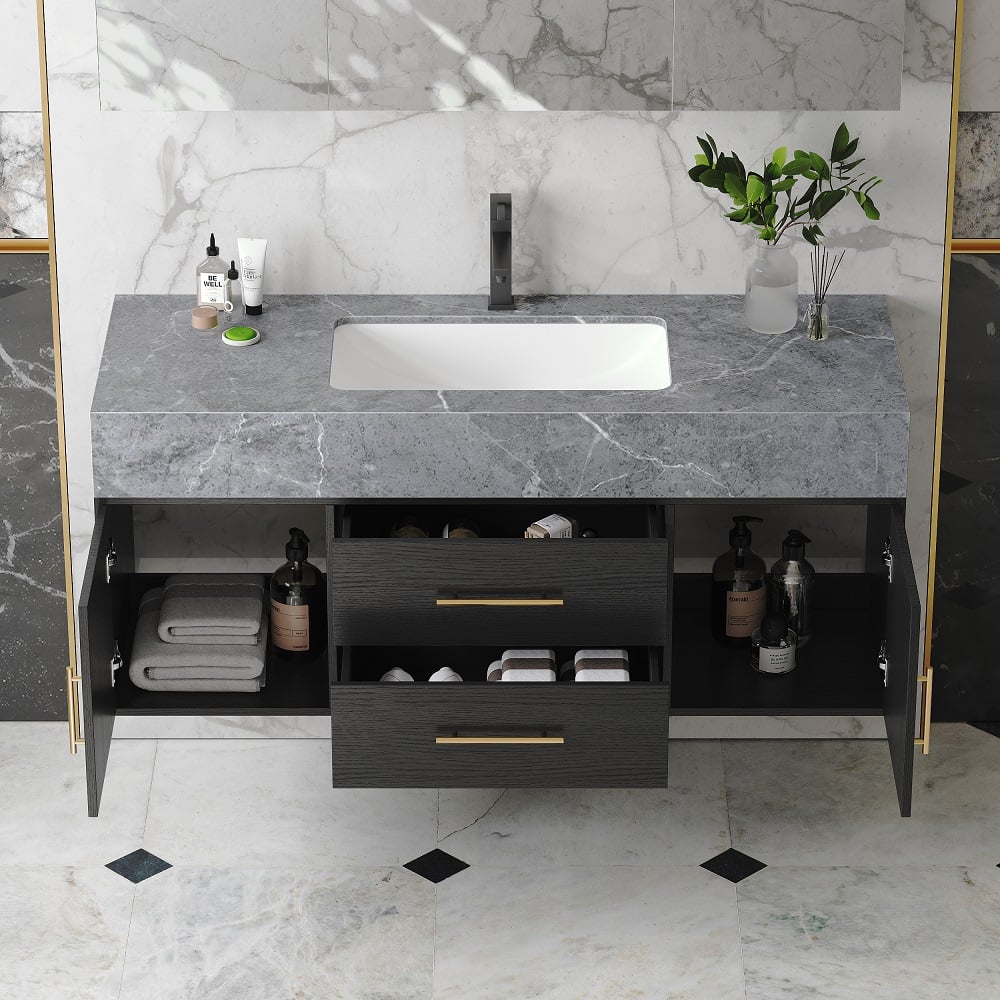 HMR - 39" Modern Floating Stone Top Bathroom Vanity Set with Sink