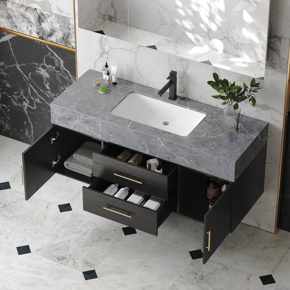 HMR - 39" Modern Floating Stone Top Bathroom Vanity Set with Sink
