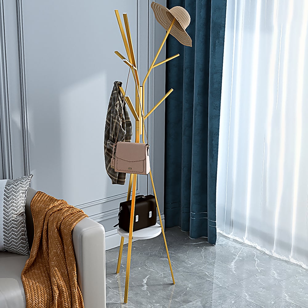HMR - Modern Freestanding Coat Rack with Shelf Marble Base 70.9" in Gold