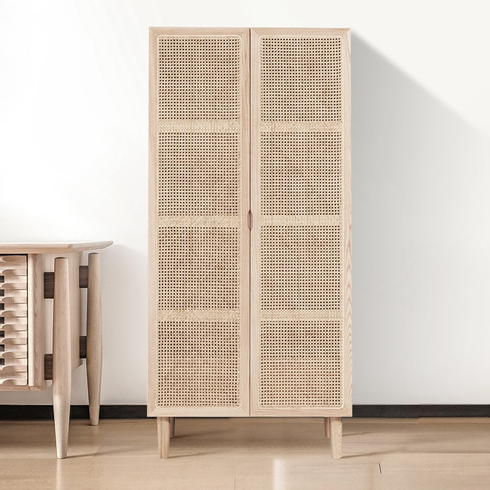 HMR - 2-Door Rattan with Hidden Drawer Woven Cabinet in Ash